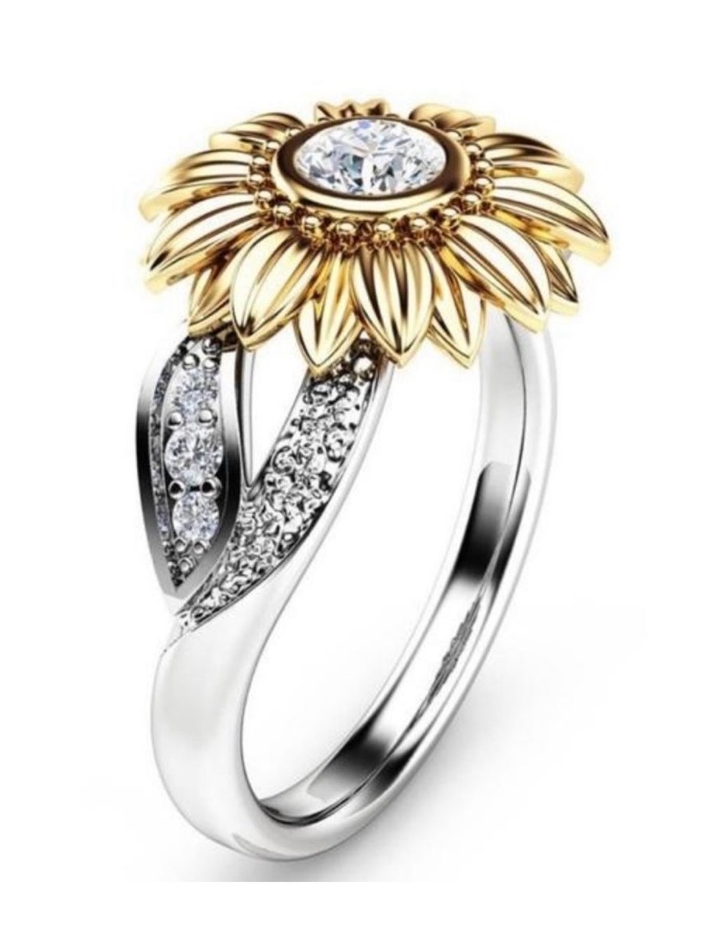 Gold & Silver Sunflower CZ Ring - Women's Floral Statement Band